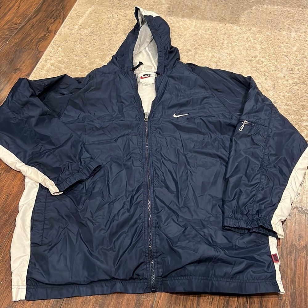 Vtg Nike Hooded Windbreaker Jacket Size L Swoosh On Zipper Chest And Center Back